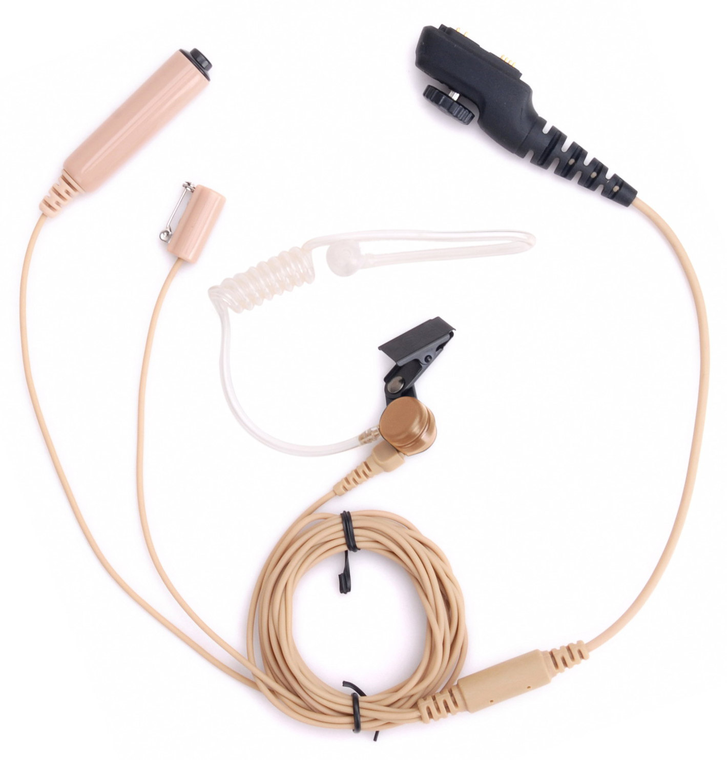 3-wire surveill. earpiece, beige, sep. PTT button, microph. & transp. acoustic tube